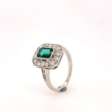 Load image into Gallery viewer, platinum art deco style diamond and emerald ring