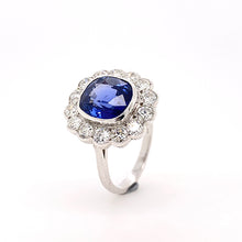 Load image into Gallery viewer, deep blue sapphire with milgrain edge and diamond cluster ring