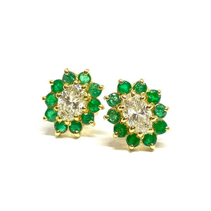 18ct Yellow gold emerald and diamond cluster earrings SOLD