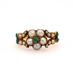 Georgian Pearl and Emerald Flower Ring