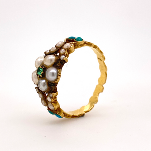 Georgian Pearl and Emerald Flower Ring