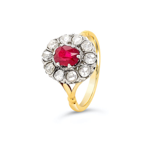 Ruby and Diamond Halo Cluster Ring