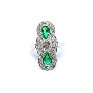 18ct White Gold Emerald & Diamond Fancy French Ring