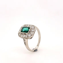 Load image into Gallery viewer, platinum art deco style diamond and emerald ring
