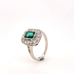 platinum art deco style diamond and emerald ring