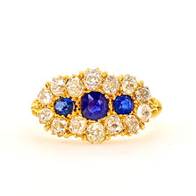 Load image into Gallery viewer, Victorian Trilogy Sapphire Ring Diamond Halo
