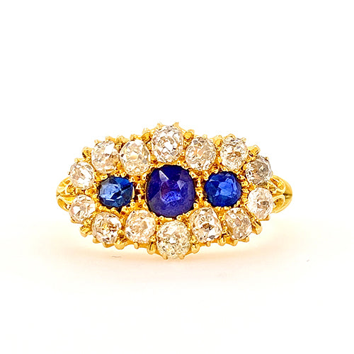 Victorian Trilogy Sapphire Ring Diamond Halo